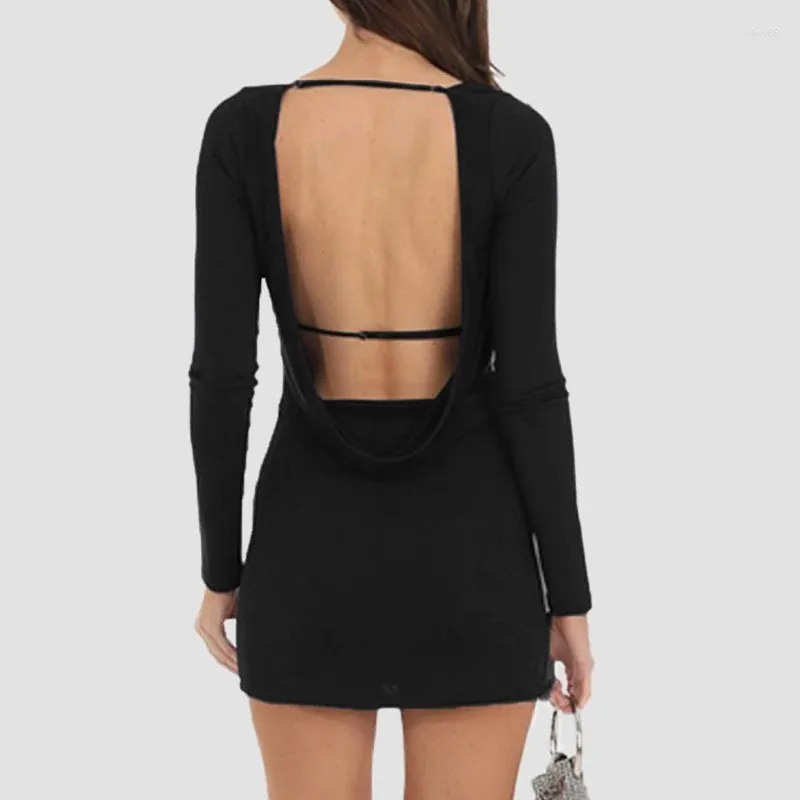 Casual Kleider Frauen Sexy Geraffte U-ausschnitt Schlank Party Kleid 2024 Frühling Solide Bodycon Hüften Herbst Langarm Backless Hohl mini