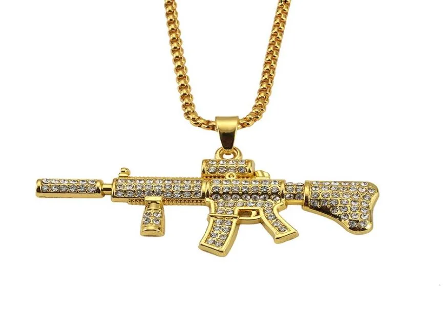 Cool Men M4 Gun Pendant Necklaces Gold Silver Hip Hop Punk Rock Style Full Rhinestone Crystal Fashion Necklace For 29 inch Chain8767363