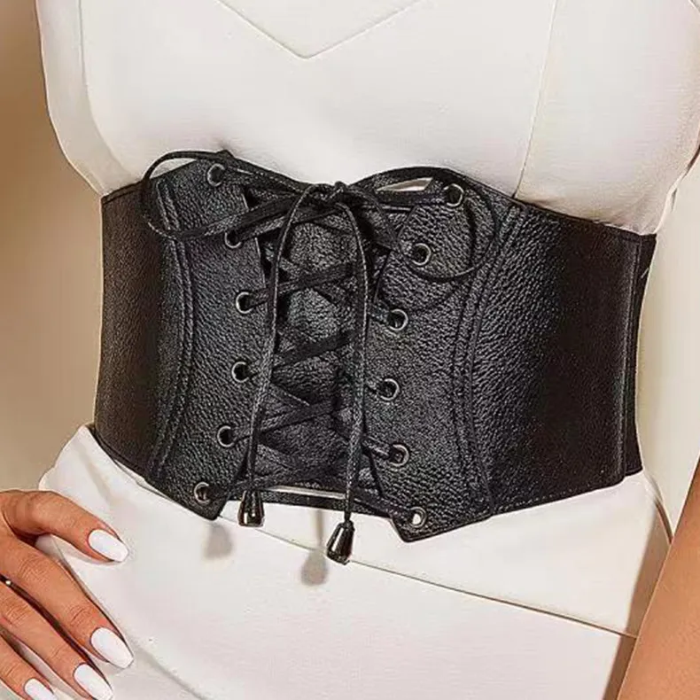 Women's Leather Corset Belt Black Elastic Waist Cincher, Wide Underbust  Lace Up, Fashion Dress Belt Buy Now!
