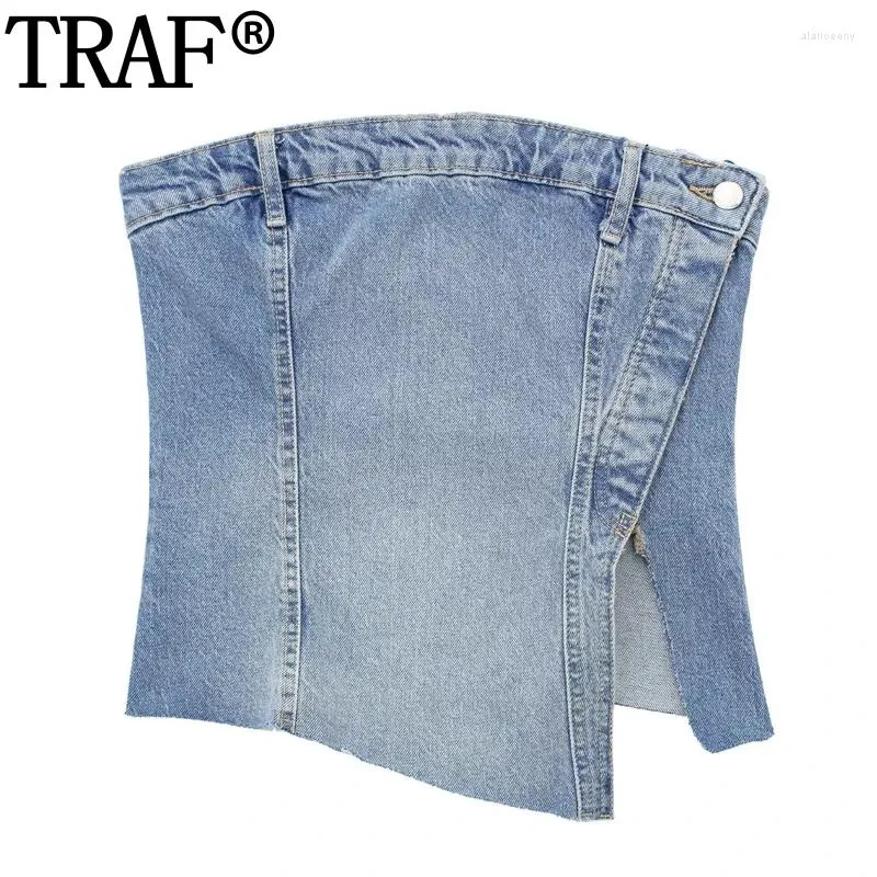 Canotte da donna TRAF Top corto in denim blu Canotta bustier con spalle scoperte Donna Streetwear Top estivo senza schienale Donna con spacco asimmetrico