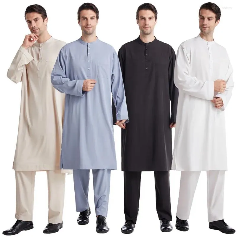 Roupas étnicas Muçulmano Árabe Homens Jubba Thobe Robe Calças Conjunto Roupas Islâmicas Terno Abaya Saudita Ramadan Eid Turquia Kurtas Vestido Thoub Kaftan