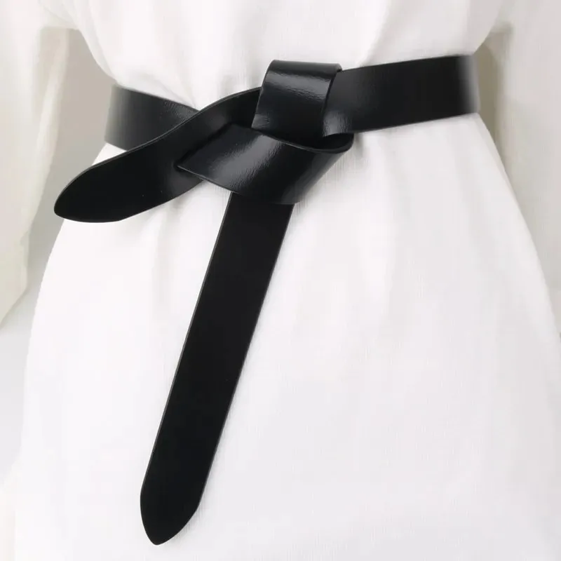 Alta qualidade longo cintos de couro nó design diy fivela cinta moda cintura couro real atada cinto feminino acessórios 240219