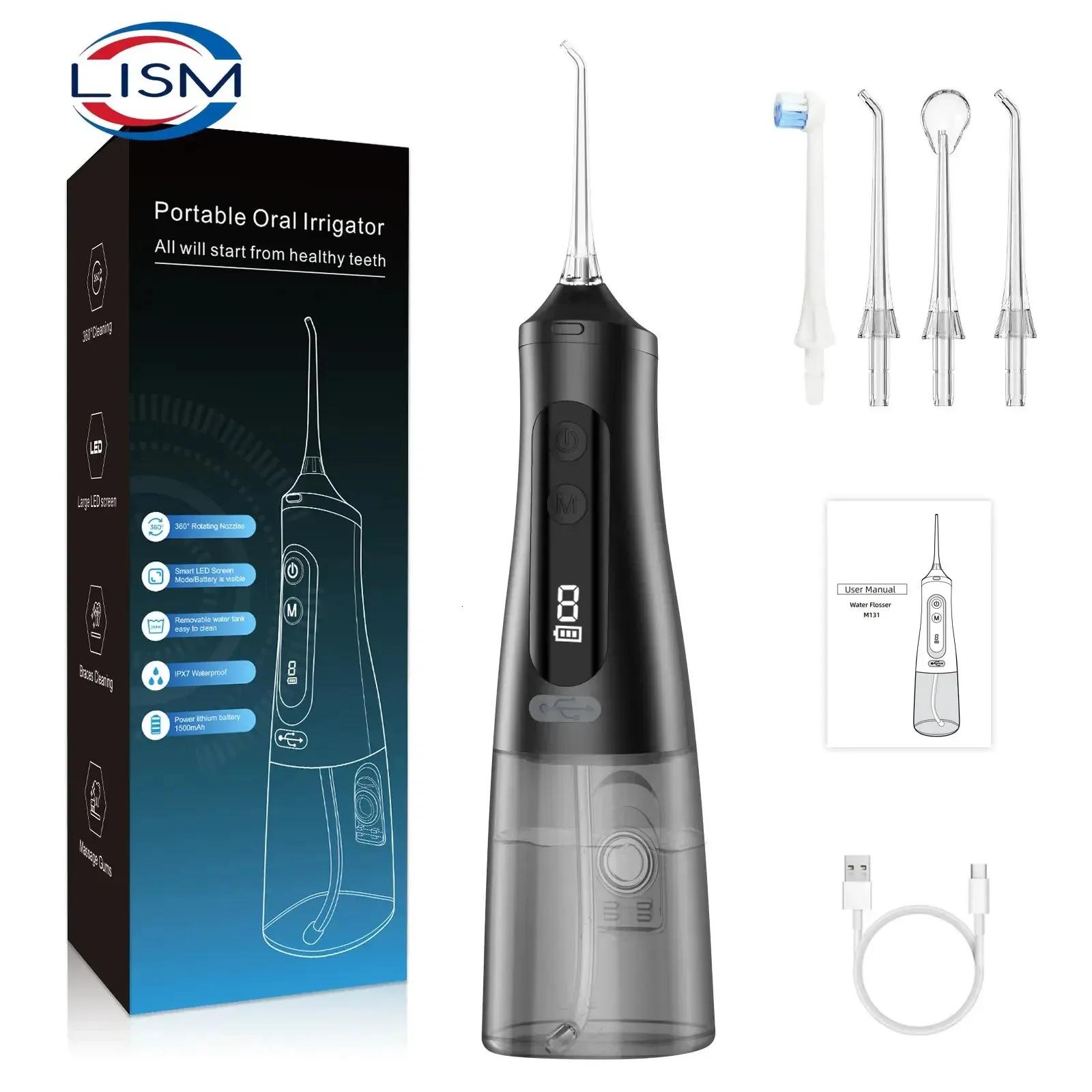 LISM Monddouche USB Oplaadbare Water Flosser Draagbare Tandheelkundige Waterstraal 310ML Watertank Waterdichte Tanden Cleaner 240219