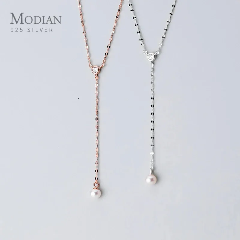 MODIAN 925 Sterling Silver Shiny Zircon Y-Shape Elegant Pearl Pendant Necklace for Women Rose Color Gold Necklace Fine Jewelry 240220