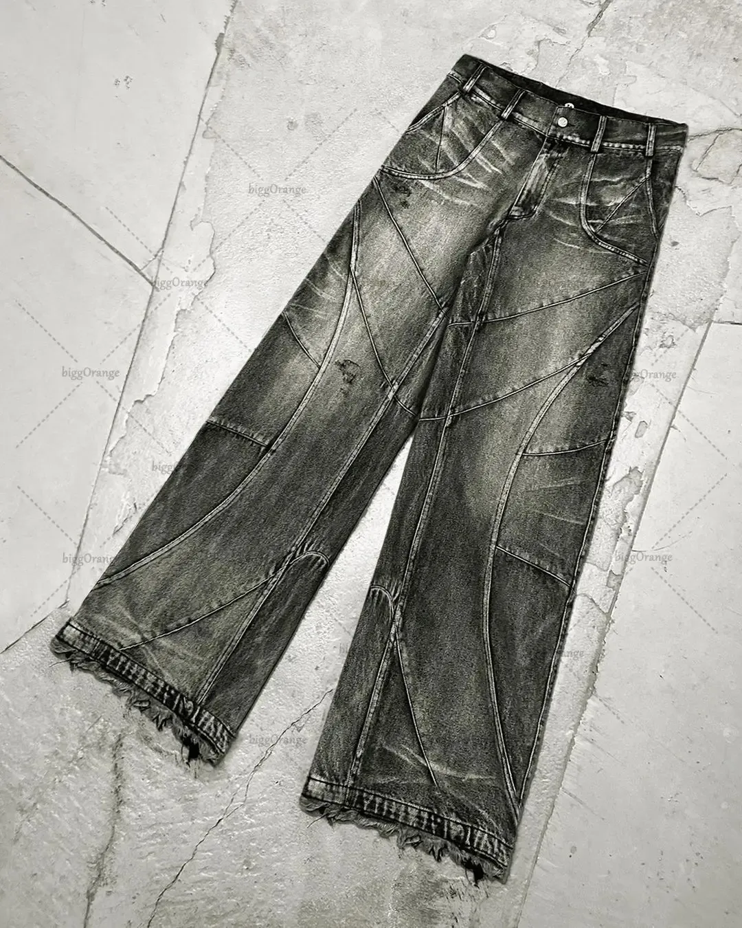 Men's Y2K Destroyed Stitching Black Washed Denim Jeans Loose Wide