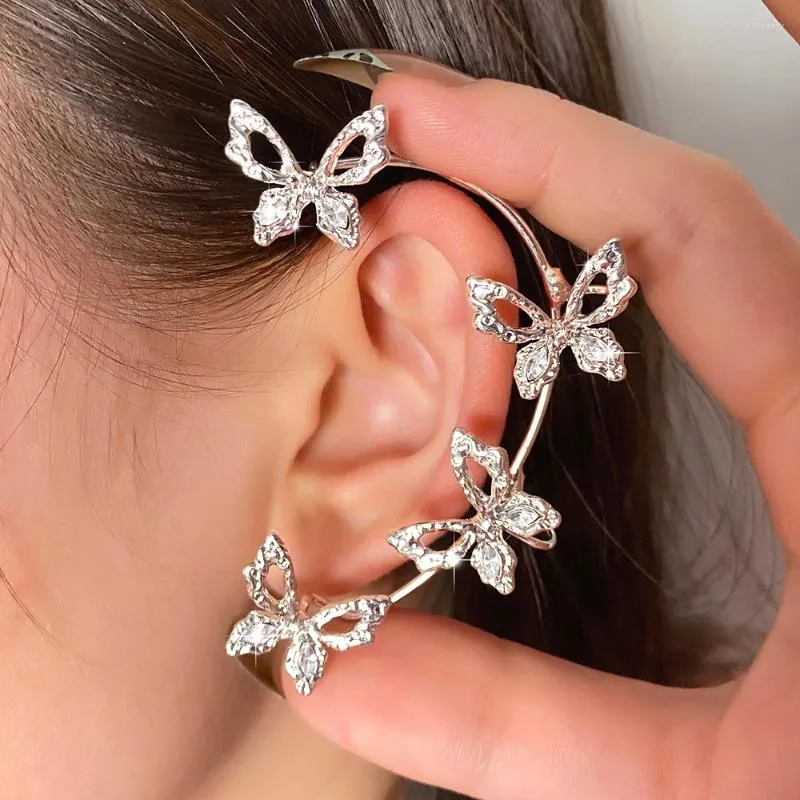 Brincos traseiros fnio prata cor metal cristal borboleta clipes de orelha para mulheres espumante zircão manguito clipe casamento meninas jóias presente
