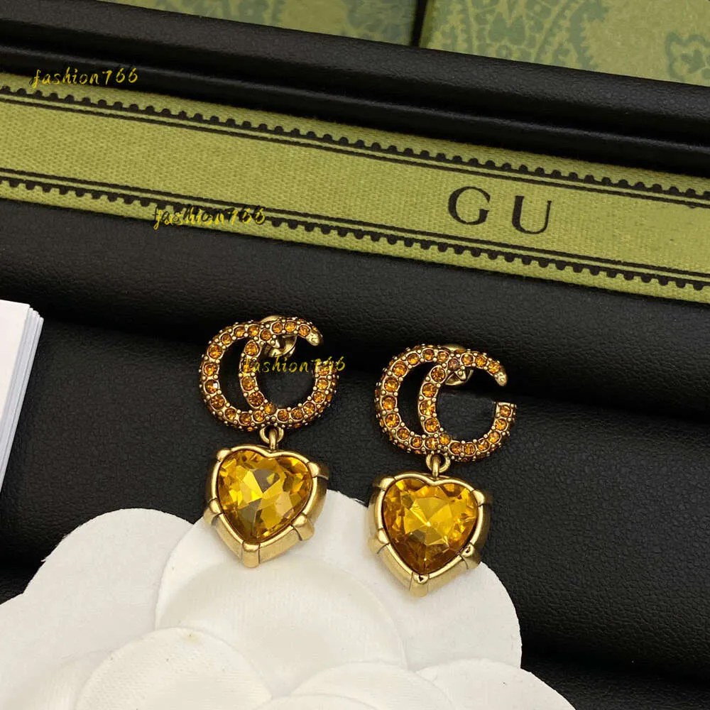 Designer Women Jewelry Stud Orecchini Letter Yellow Diamond Original Printed Brass Earrings Valentine Gifts 2024