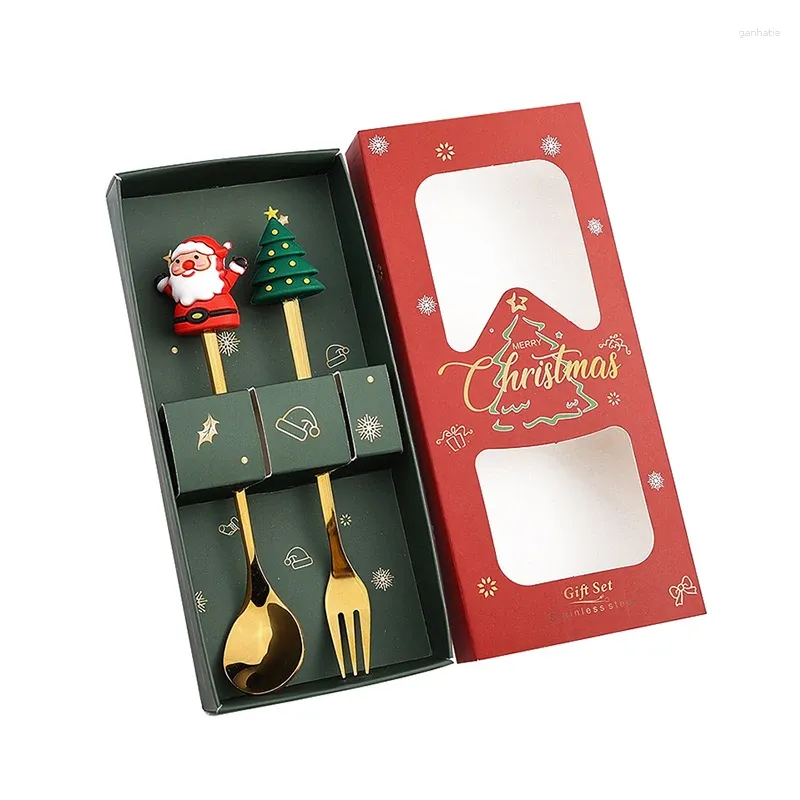 Set di stoviglie Regalo di Natale Set di stoviglie in acciaio inossidabile Dorato Babbo Natale Alce Figurine Stile Coltelli e forchette Scatola da cucina