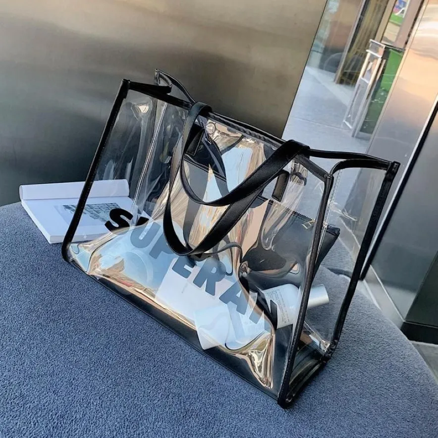 Shoulder Bags Summer Big Bag Female 2021 Wild Transparent Large-capacity Handbag Clear Letter Shopper Storage293W