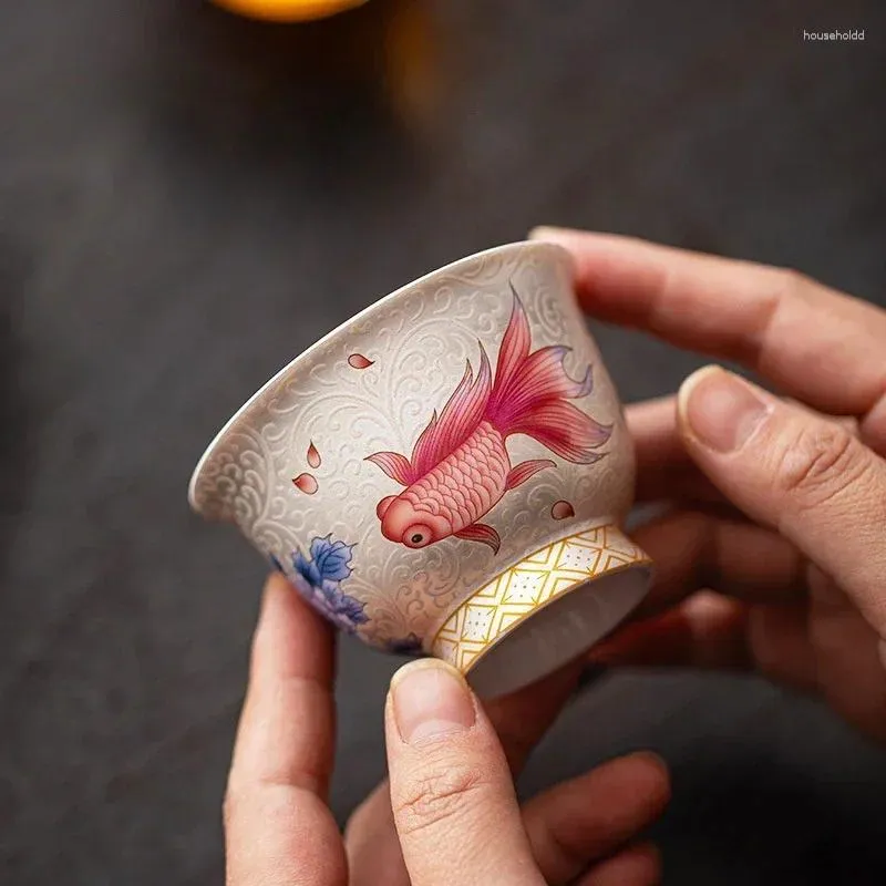 Tea Cups 90ml High Grade Silver Pinched Koi Ceramic Master Cup Handmade Personal Mug Foot Kung Fu Ceremony Collection