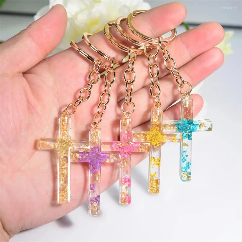 Keychains Fashion Dry Flower Star Harts Cross Keychain Multicolour Metal Key Ring for Women Men Car Handbag Pendant Christian Gift