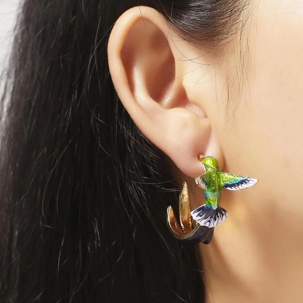 Pendientes de tuerca estilo colibrí volador pintura al óleo moda Animal joyería Linda mujer 286k