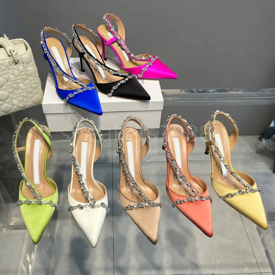 Satin dress shoe designer luxurious crystal rhinestone high heeled sandals Women slim fit hanging bag high heeled formal shoes