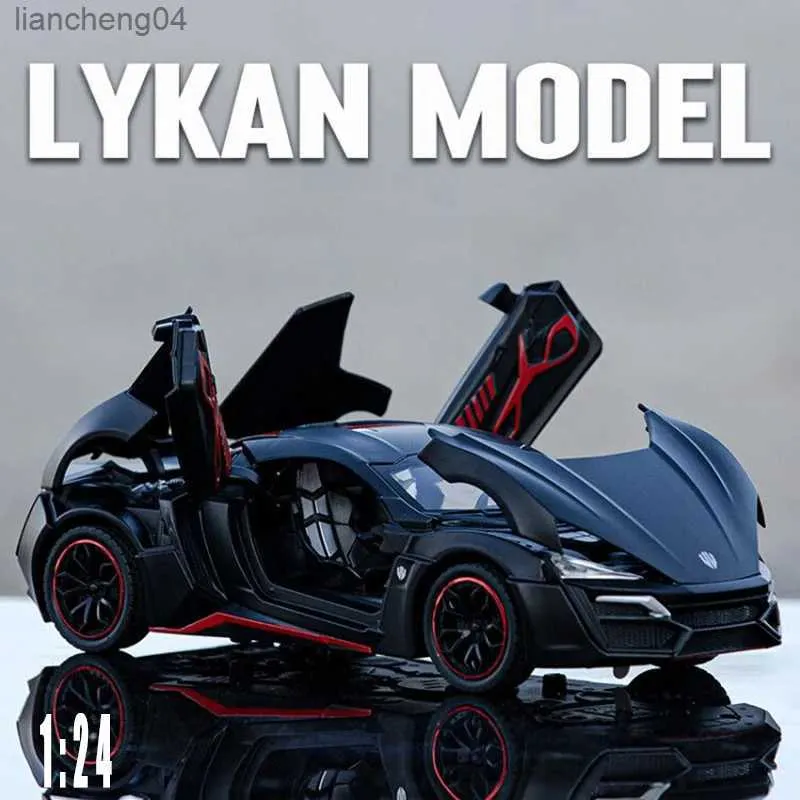 Diecast Model Cars 1/24 Lykan Hyper Sports Car Alloy Pull Back Car Model Simulation Sound And Light Can Open The Door Diecast Toy Car Boy Toys Gift