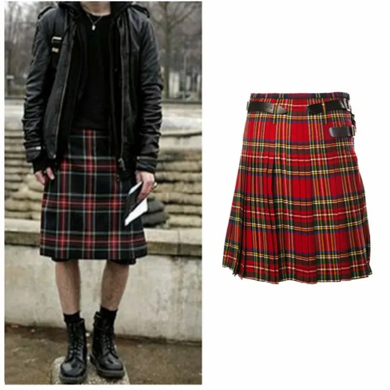 Men Cotton Belted Pleated Plaid Kilt Scottish Traditional National Costume Red Plaid Scottish Skirts Punk Hip Hop Clothing 240220