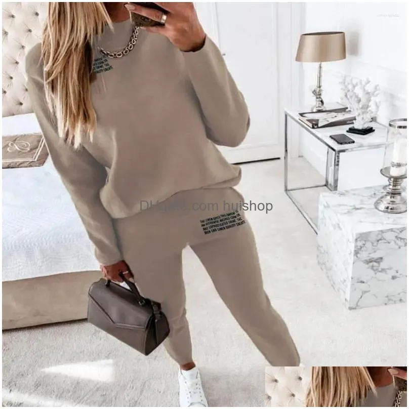 womens two piece pants 2 pcs/set chic sweatshirt sweatpants set pockets soft casual pure color