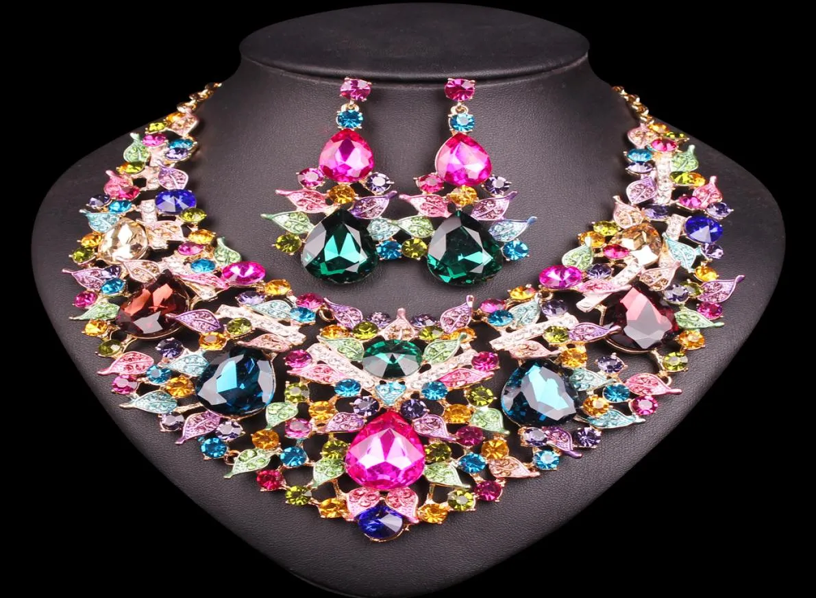 Ensemble de bijoux de mariée en forme de feuille entière, accessoires de Costume de bal de mariage en strass, collier et boucles d'oreilles pour femmes9424637