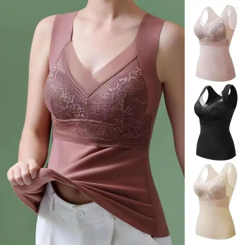 Camisoles tanques mulheres colete feminino renda camisola com decote em v sutiã almofada no peito sem mangas fino traceless para roupa interior quente dentro do desgaste