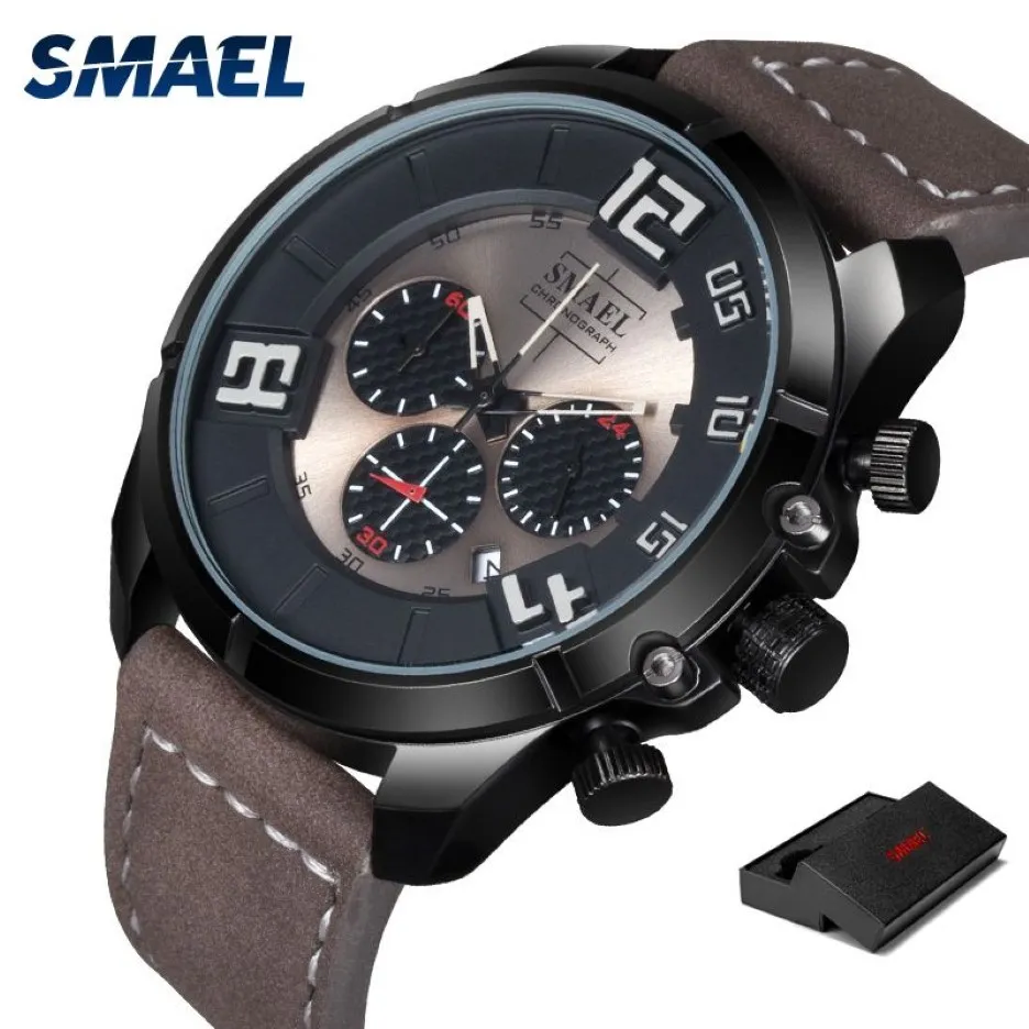 Smael New Casual Sport Mens Watches Top Brand Luxury Leather Fashion Wrist Watch for Male Clock SL-9075 Chronograph Arm Warwatches M2815