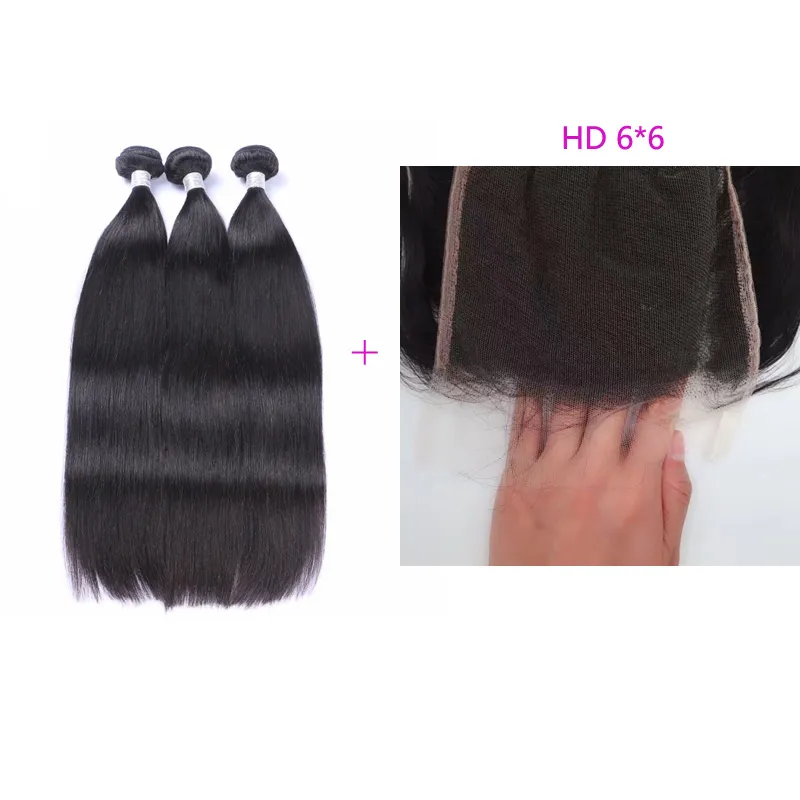 Brasilianisches peruanisches reines Haar, doppelte Tressen mit 6 x 6 HD-Spitzenverschluss, seidig gerade, freier Teil, natürliche Farbe, Körperwelle, 25,4–76,2 cm, 4 Stück/Menge