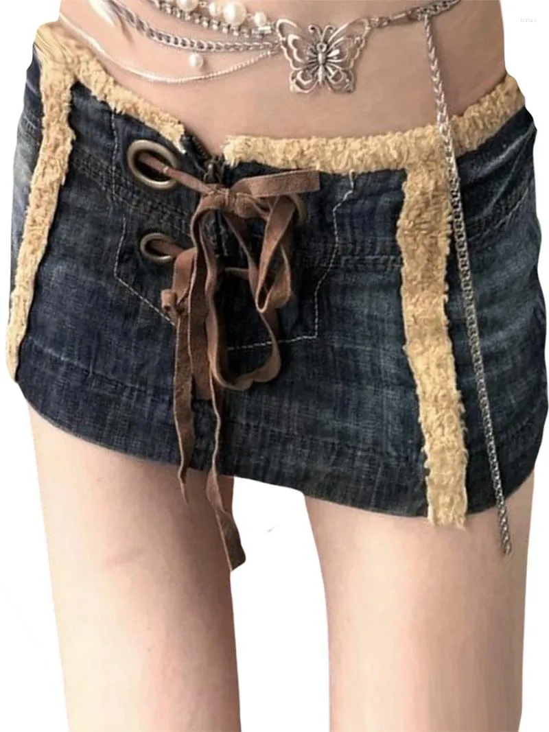 Jupes Femmes S Mini Denim Taille Haute Boutonné Jean Skorts avec Poches Y2K Vintage Streetwear (Noir M)