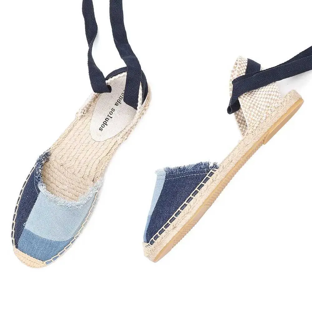 Sandali 2021 Nuova cintura in denim con sandali aperti in tessuto di cotone piatto Sapatos Mulher scarpe basse espadrillas da donna J240224