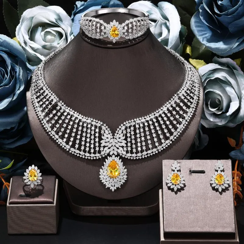 Ensemble de bijoux de luxe avec collier et boucles d'oreilles, grand CZ, bijoux de Costume de mariage, fête de mariée africaine de Dubaï, 4 pièces