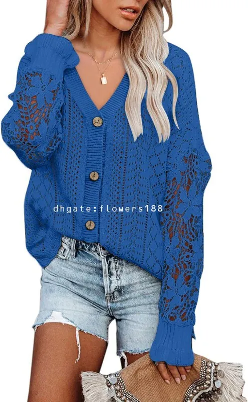 Women's Sweaters Crochet Lace V Neck Long Sleeve Hollow Out Cable Knit Cardigan for Women Sweaters Tops