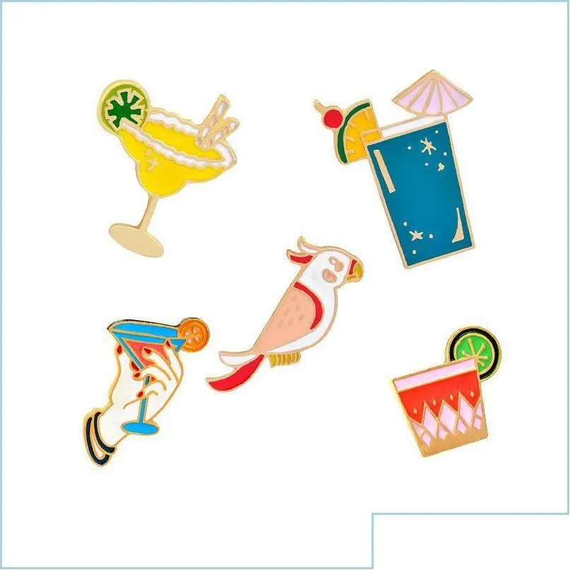 Pins Brooches Pins Brooches Woodpecker Wine Glass Cocktail Lemon Hand Holding Enamel Ornament Personality Creative Brooch Delicious G Dhwoc