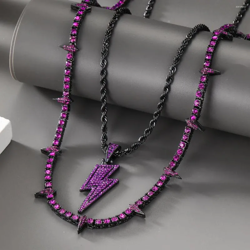 Chaînes Hip Hop Lightning Pendentif Violet Foncé Glacé CZ Tennis Chaîne Collier Noir Panthère Rock Rivet Loup Dent Hommes Bijoux