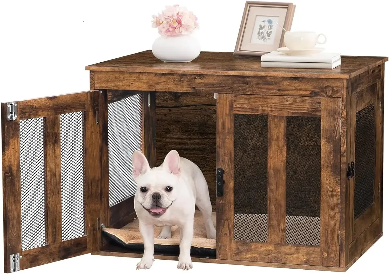 クッション付き犬の木枠の家具クッションヘビーデューティ犬小屋二重ドア装飾木製のペットハウスエンドサイド表240220