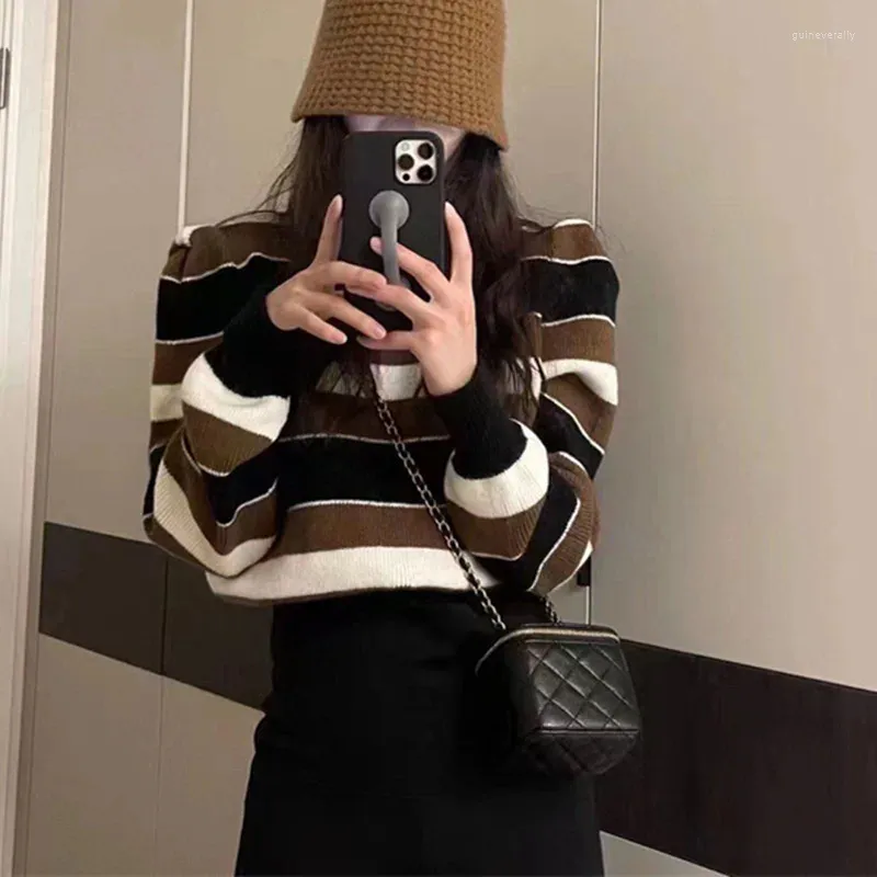Maglioni da donna 2024 Manica a sbuffo a righe di colore a contrasto dimagrante Bellissimo maglione lavorato a maglia lungo Donna Autunno Inverno coreano
