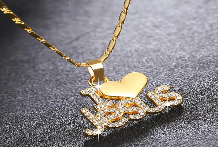 Moda religiosa eu amo jesus pingente colar para mulheres goldsilverrose ouro cristão jóias acessórios gift6343509