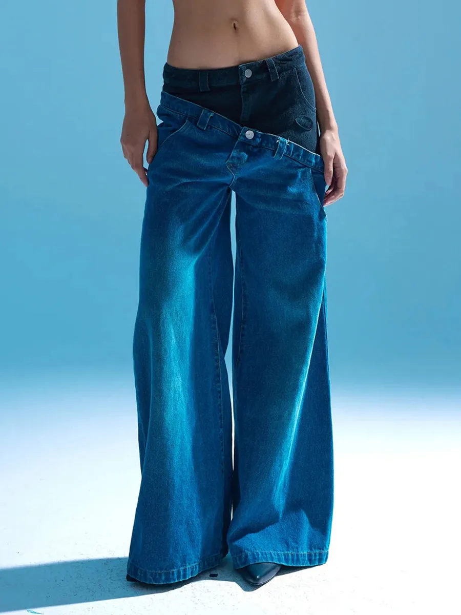 European och amerikansk sexig kryddig tjejstil 2024 Spring Diagonal dubbel midja lapptäcke brett ben drag casual jeans