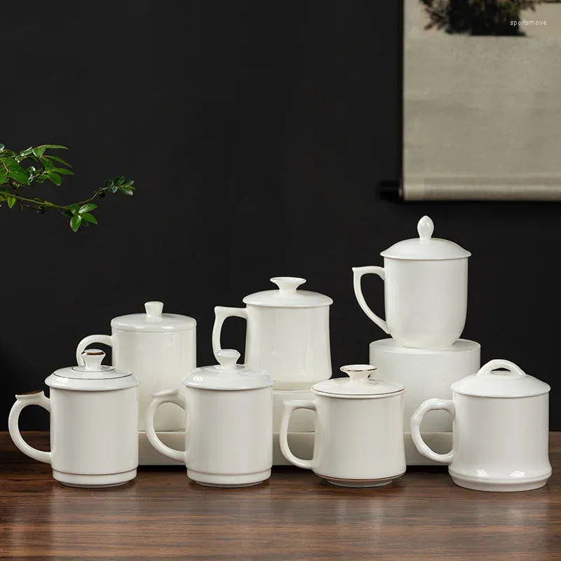 Mugs Sheep Jade Ceramic Tea Cup Conference Office Mug With Cover Dehua White Porcelain Water Household