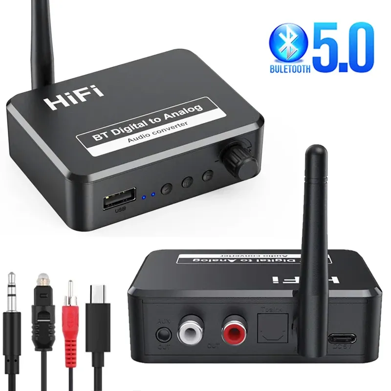 Adapter Bluetooth 5.0 Mottagare U DILL Digital till analog Audio DAC Converter SPDIF Optisk fibersignal till 3,5 mm 3,5 AUX 2 RCA -förstärkare