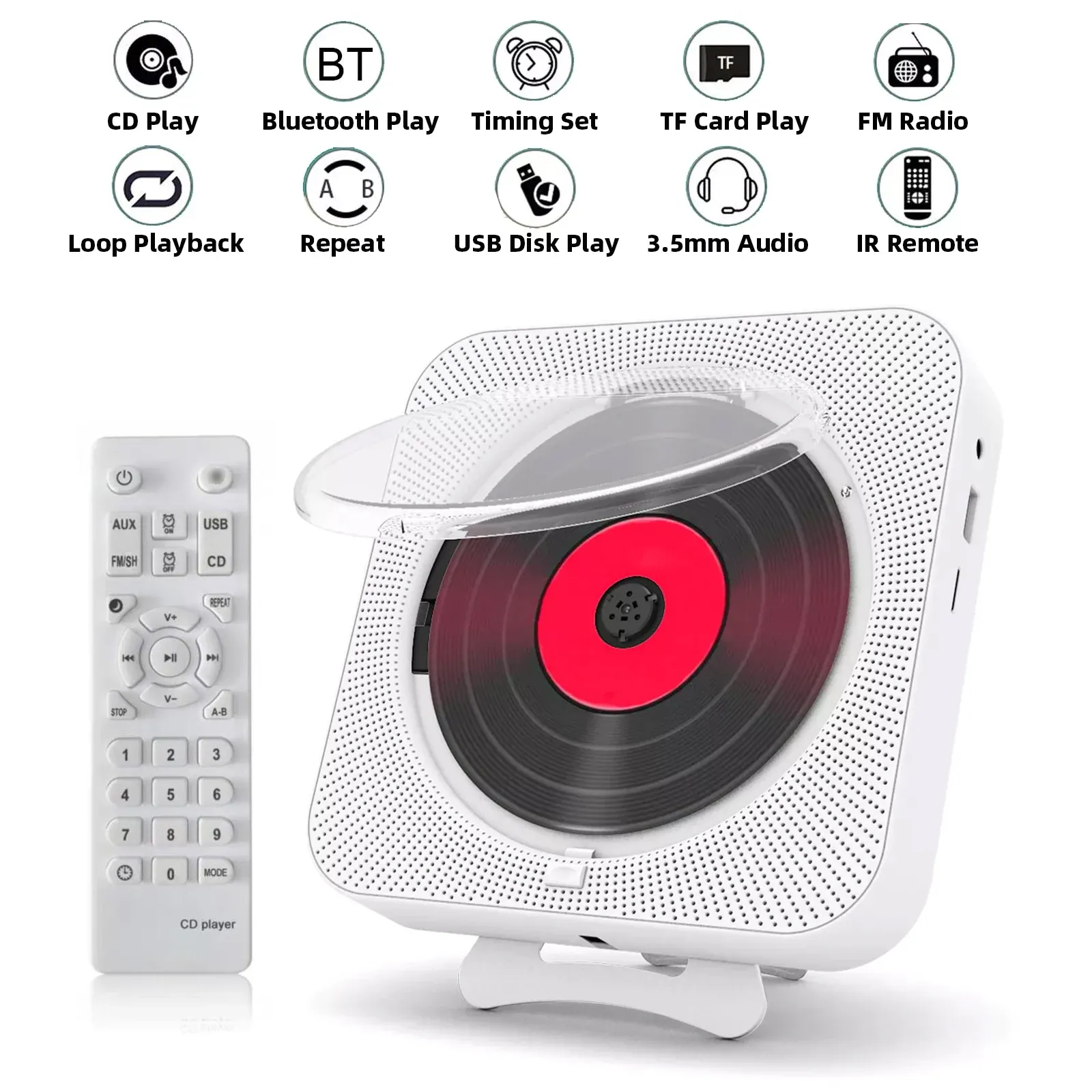 Lecteur de CD portable Portable lecteur Bluetooth PARTAGES STÉRÉO CD LED ÉCRAN MUR MURMable CD Music Player avec IR Remote Control FM Radio