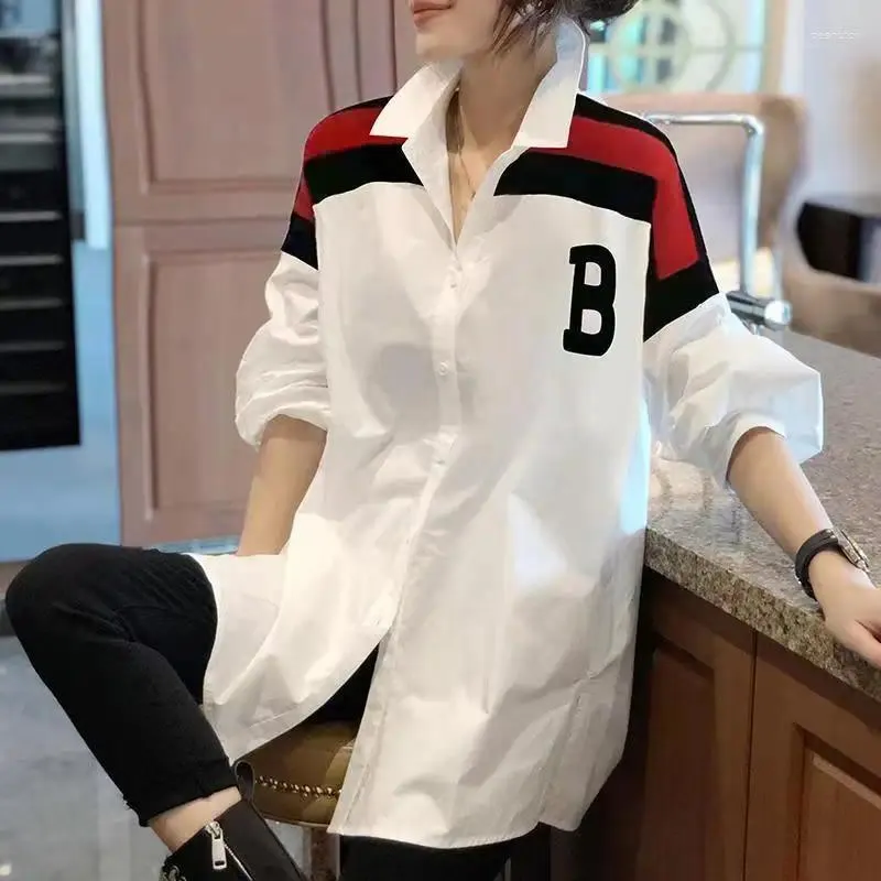 Women's Blouses Fashion Lapel Printed Spliced Asymmetrical Shirt Clothing 2024 Autumn Winter Oversized Casual Tops Commuter