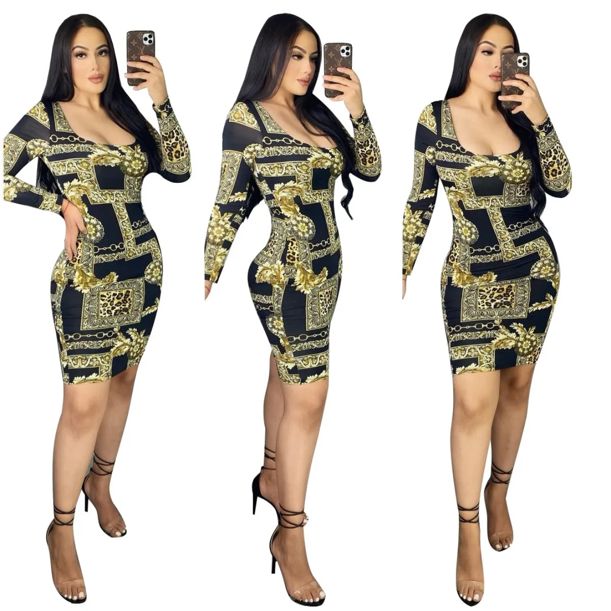 Luipaardprint Jurken Damesmode Ronde hals Bodycon Mini-jurk met lange mouwen Gratis schip