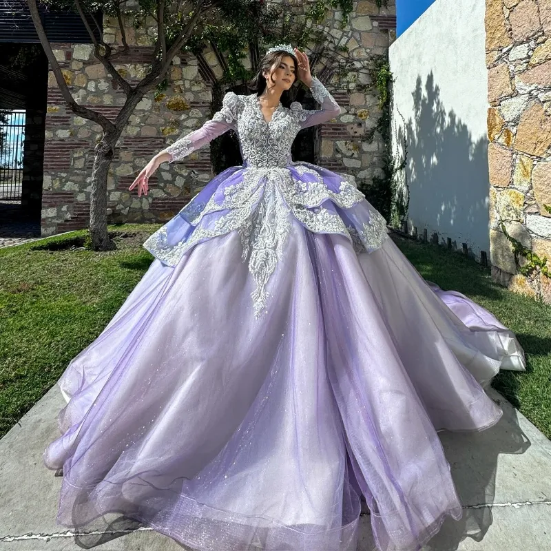 Lusso lilla viola principessa abito da ballo abiti quinceanera appliques pizzo strass lusso maniche lunghe abiti da 15 anos