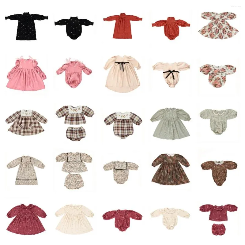 Ensembles de vêtements Pré-vente (navire en octobre) 2024 Vêtements pour bébés filles Imprimer Chemises florales Robe pour enfants à manches longues Cerise Top Pantalons pour garçons