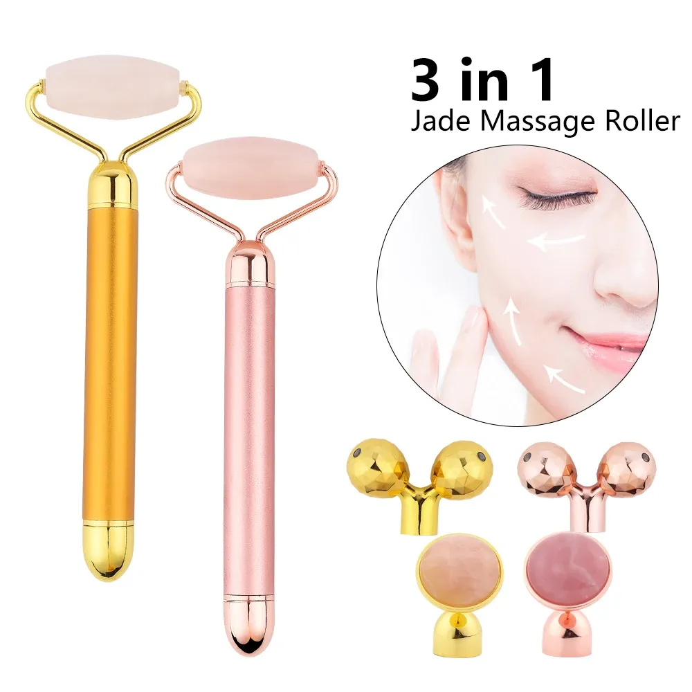 Flessen Massager voor gezicht Electric Jade Roller Natural Rose Quartz Gouache Scraper Face Massage Heffen trillende gezichtshuid Verzorging gereedschap