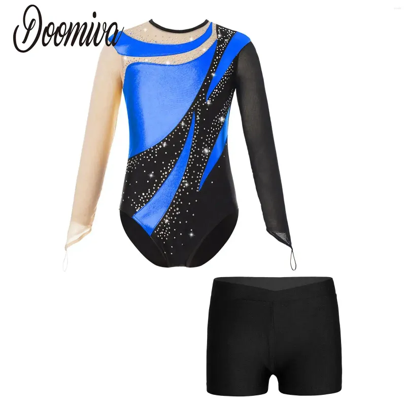 Palco desgaste meninas grandes collant ginástica roupas desempenho traje ballet bodysuit com shorts calças figura patinação ginásio dancewear para crianças