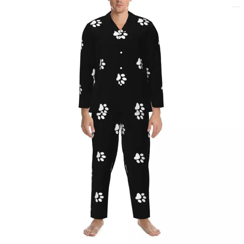 Pijamas masculinos bonito filhote de cachorro cão pijama conjunto preto e branco impressão casal macio manga longa casual casa 2 peças nightwear plus size