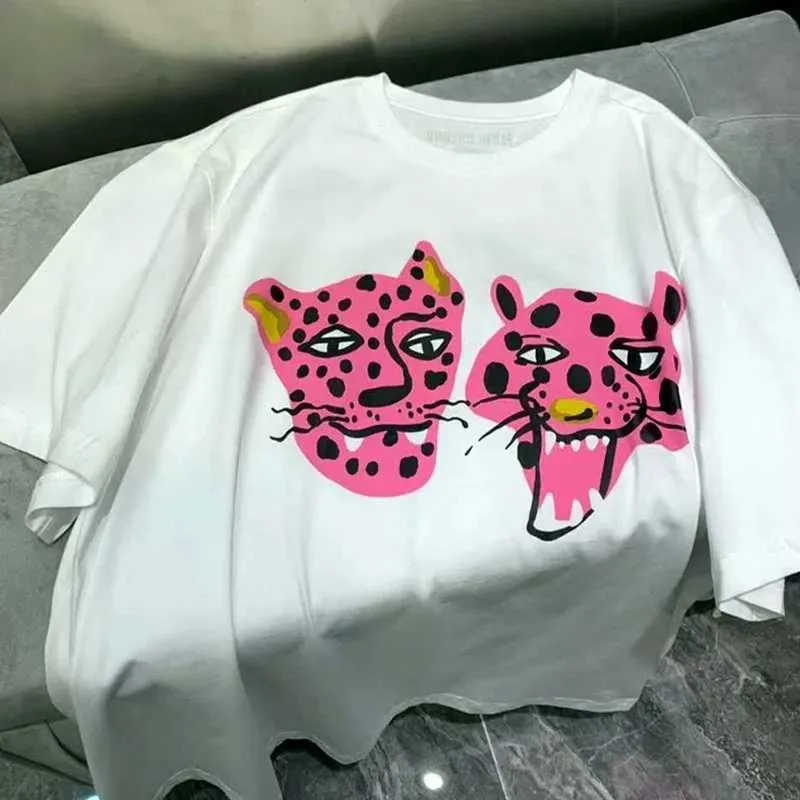 여자 티셔츠 2022 여름 kpop 핑크 표범 프린팅 스트리트 느슨한 t 셔츠 짧은 슬리브 코튼하라 주쿠 티 크루 넥 Y2k 탑 J240224