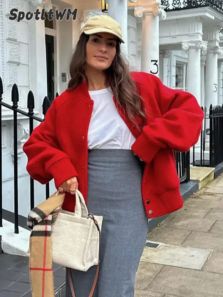 Fashion Red Stand Collar Long Sleeve Short Jacket Women Covered Button Loose Bomber Coats Spring High Street Outerwear 2024 240219