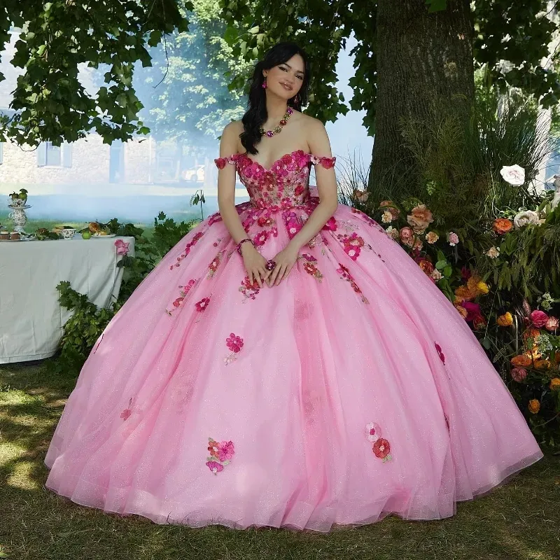 Quinceanera Pink Shiny Dresses Mexican Off The Shouldelball Ball Gown Aptique Flower Princess Long Sweet 16 PROMドレス15年