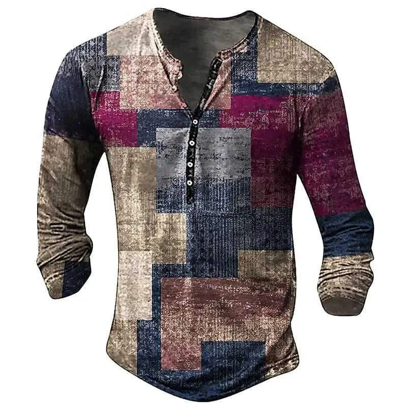 Herren-T-Shirts Vintage T-Shirt für Männer Baumwolle Tee Patchwork Grafik T-Shirts 3D-Druck Langarm Tee Henley Hemd übergroße Herren Kleidung Topl2404