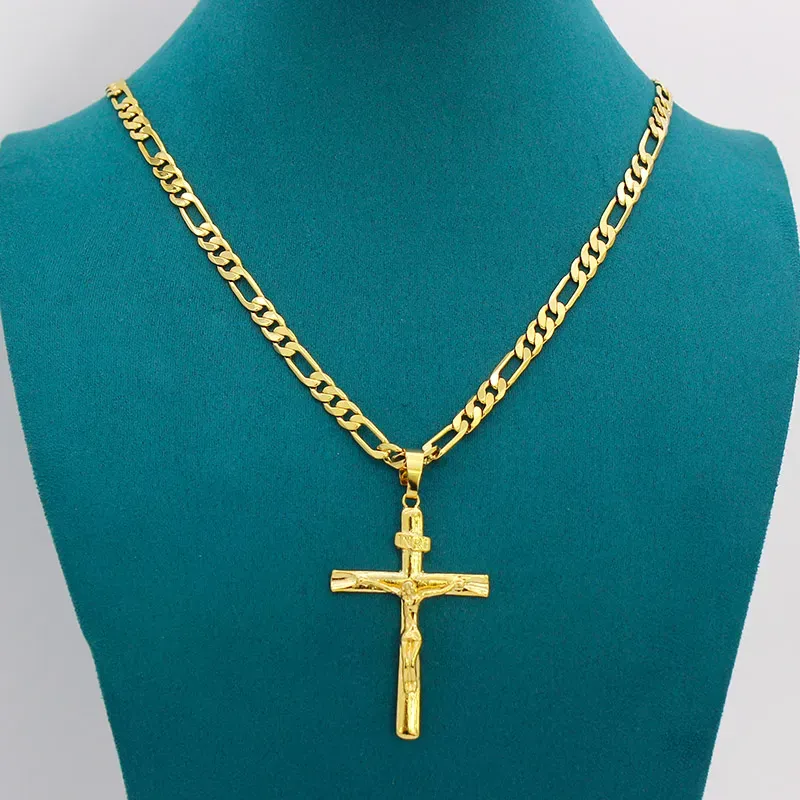 Real 10k Yellow Solid Fine Gold GF Jesus Cross Crucifix Charm Big Pendant 55*35mm Figaro Chain Necklace 24" 600*6mm