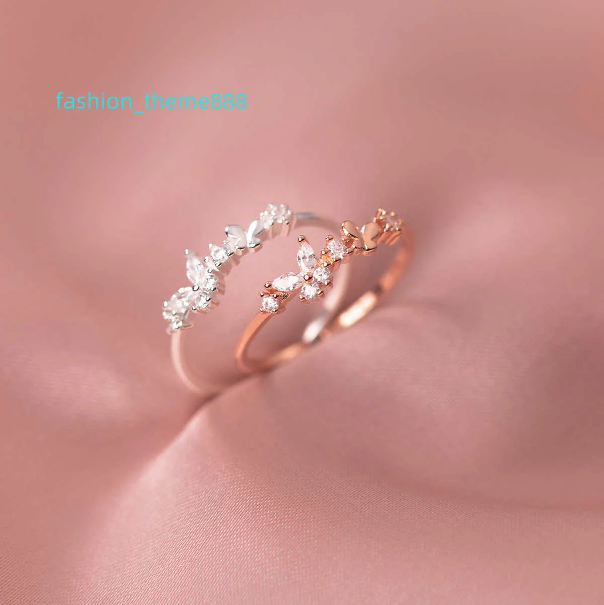 Anillo de dedo de plata de ley 925 abierto ajustable chapado en oro rosa con forma de mariposa CZ, joyería fina para mujeres y niñas